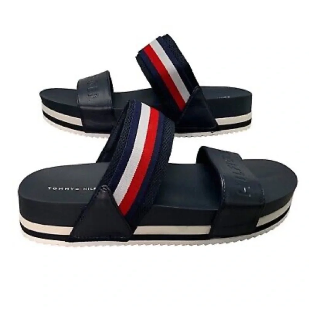 TT: Tommy Hilfiger Brysony Platform Blue White Red Strap Slides Sandals - Picture 4 of 10